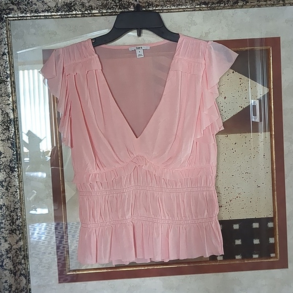 BAR III PINK SHEER RUFFLED BLOUSE